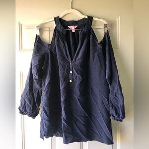 Lilly Pulitzer navy cold shoulder silk top size L